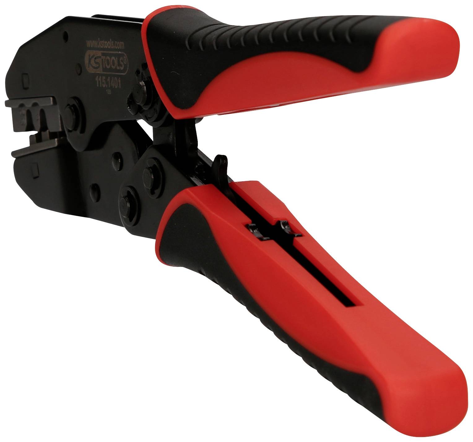 Rote und schwarze Kabelschuhzange, die zum Crimpen von Kabelverbindungen verwendet wird.