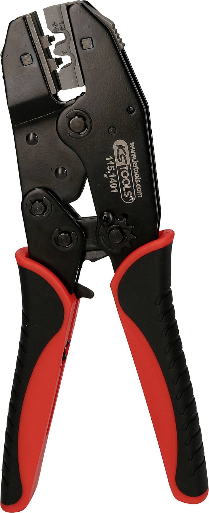 Eine schwarze Crimpzange mit rot-schwarzen Griffen, geeignet für das Verpressen von Kabelschuhen und Anschlüssen.