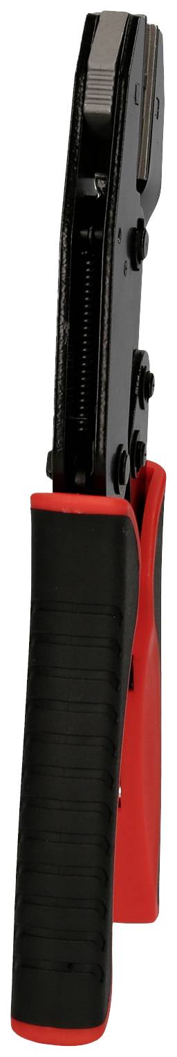 Schwarze Crimpzange mit roten Griffen, stehend in Seitenansicht. Werkzeug zur Kabelverarbeitung, ergonomisch geformt für präzises Arbeiten.