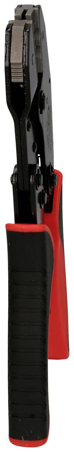 Schwarze Crimpzange mit roten Griffen, vertikale Ansicht. Werkzeug zum Verbinden von Kabeln mit Kabelschuhen, ergonomisch gestaltet.