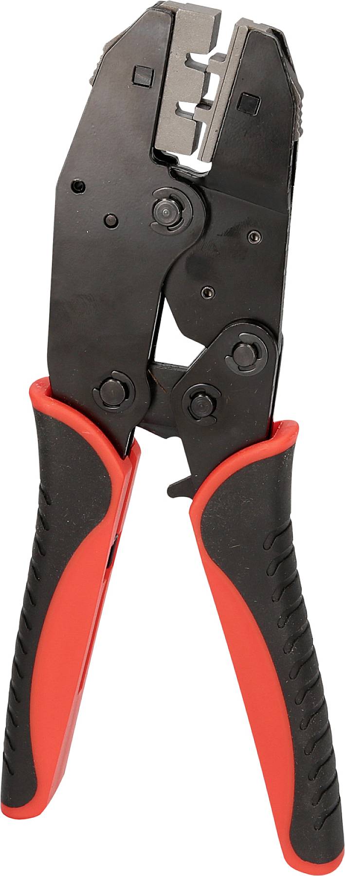 Crimpzange mit rotem Griff zum Vercrimpen von Kabelverbindungen. Werkzeug in metallischer Ausführung mit mehreren Hebelpunkten.