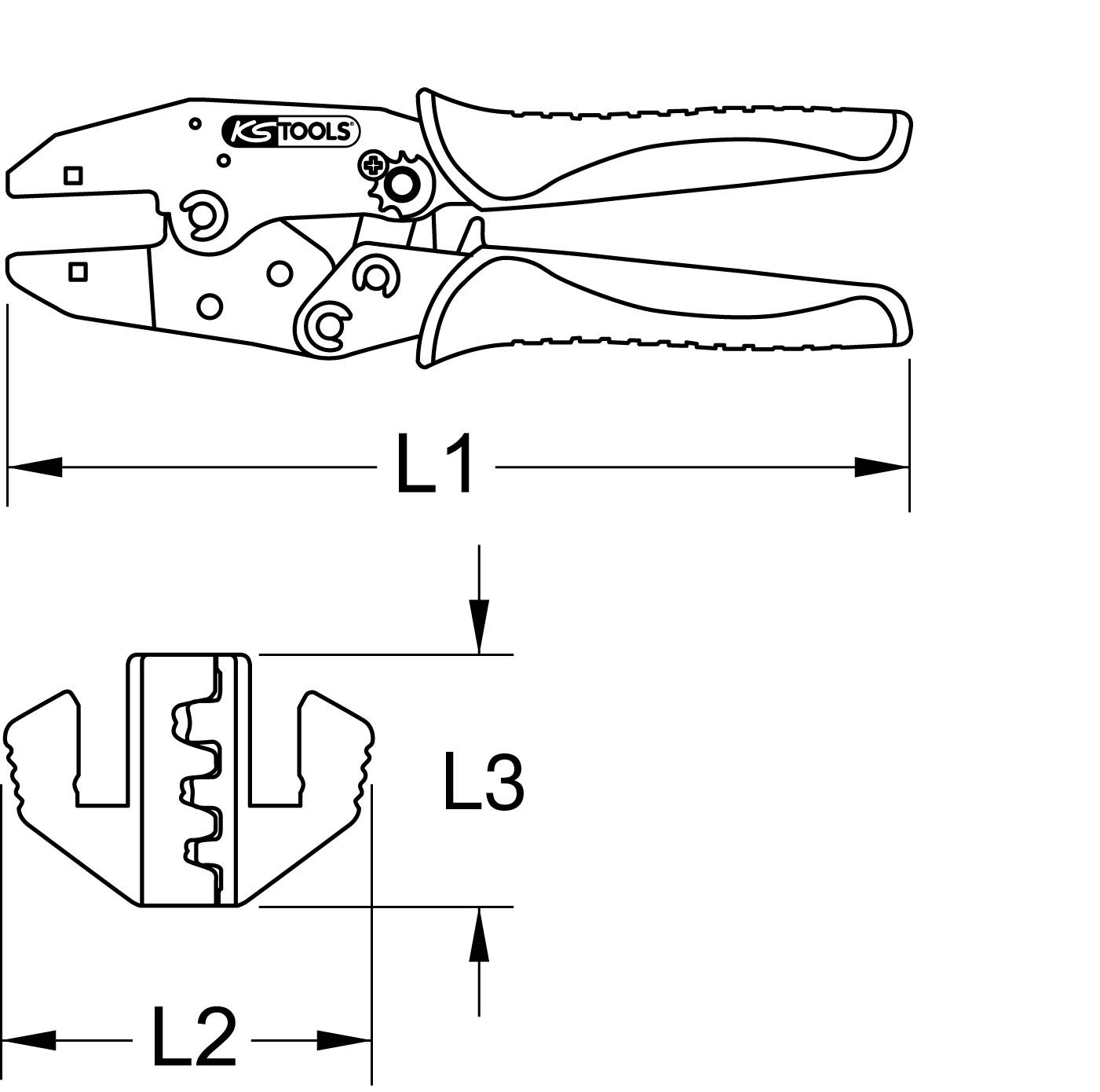 Zeichnung einer Zange mit Maßen. Oben ist die Zange in geöffnetem Zustand, unten eine Nahaufnahme der Greifbacken. Markierungen L1, L2, L3.