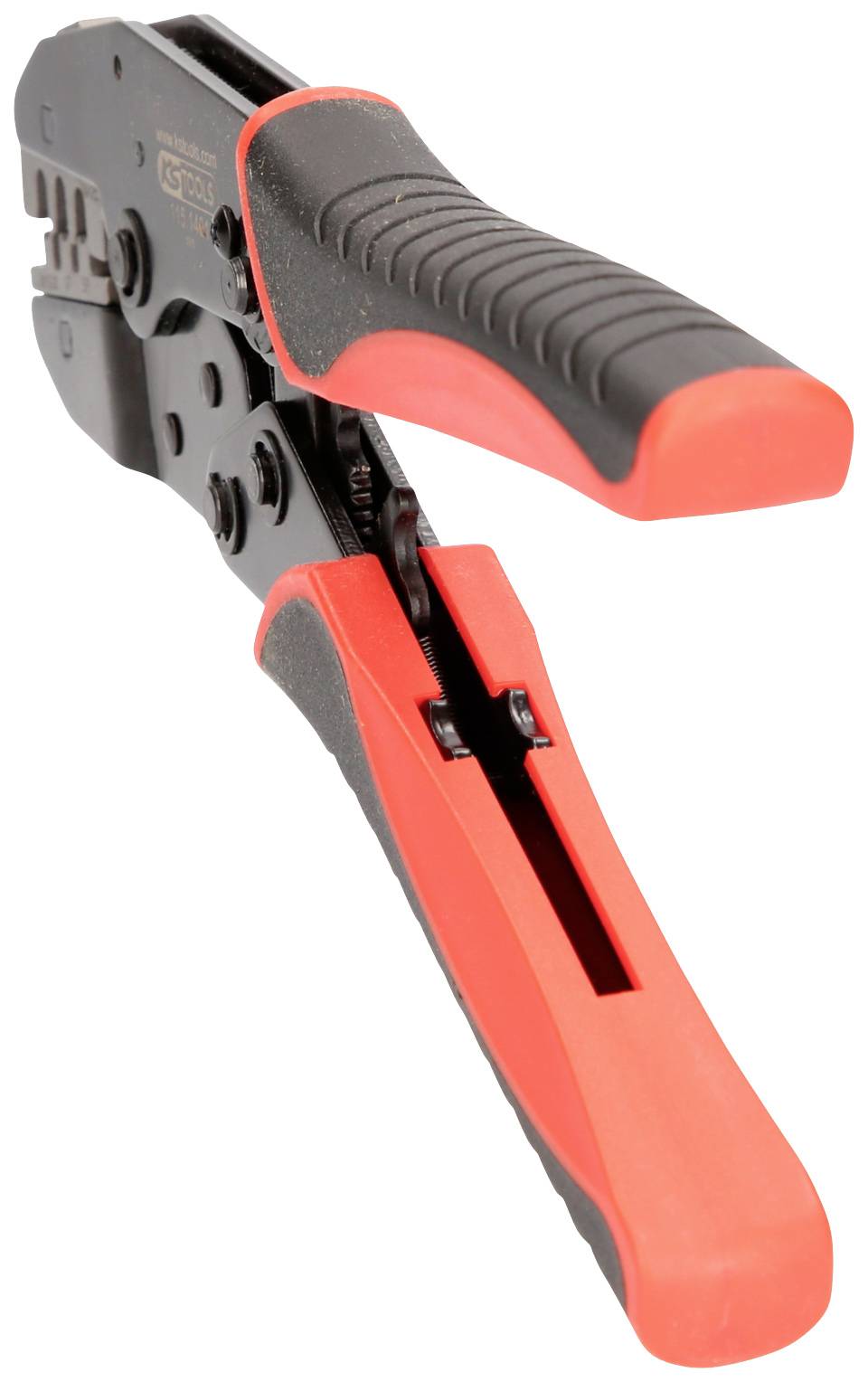 Zange mit schwarzem und rotem Griff, geeignet für Crimparbeiten an elektrischen Kabeln. Hauptmerkmal: ergonomisch geformte Griffe.