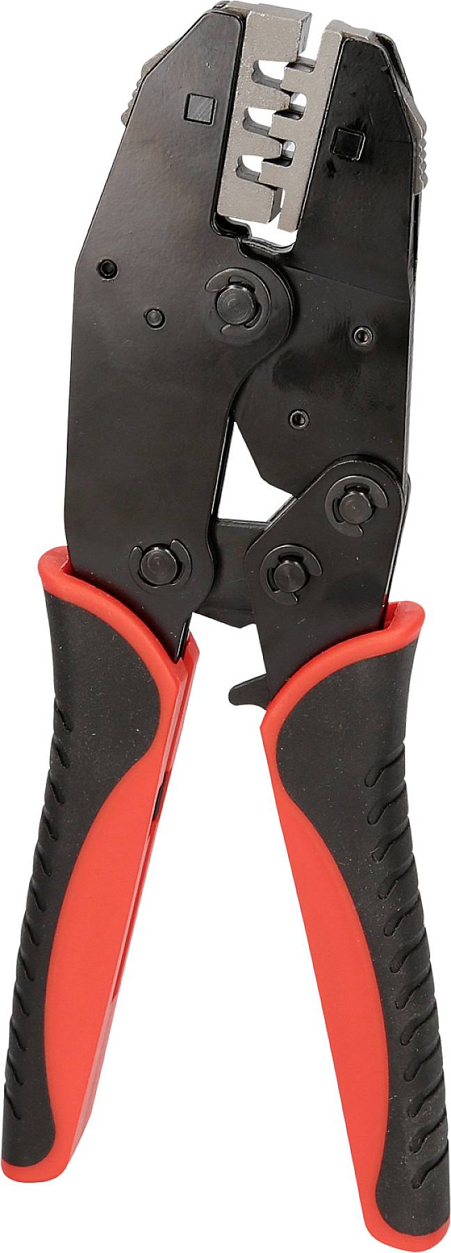 Eine schwarze Crimpzange mit roten Griffen, geeignet für das Verpressen von Kabelschuhen und Steckverbindern, auf weißem Hintergrund.