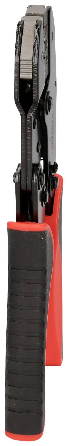 Crimpzange mit ergonomischem Griff und schwarzer Backe, geeignet für das Einpressen von Kabel- und Drahtanschlüssen.