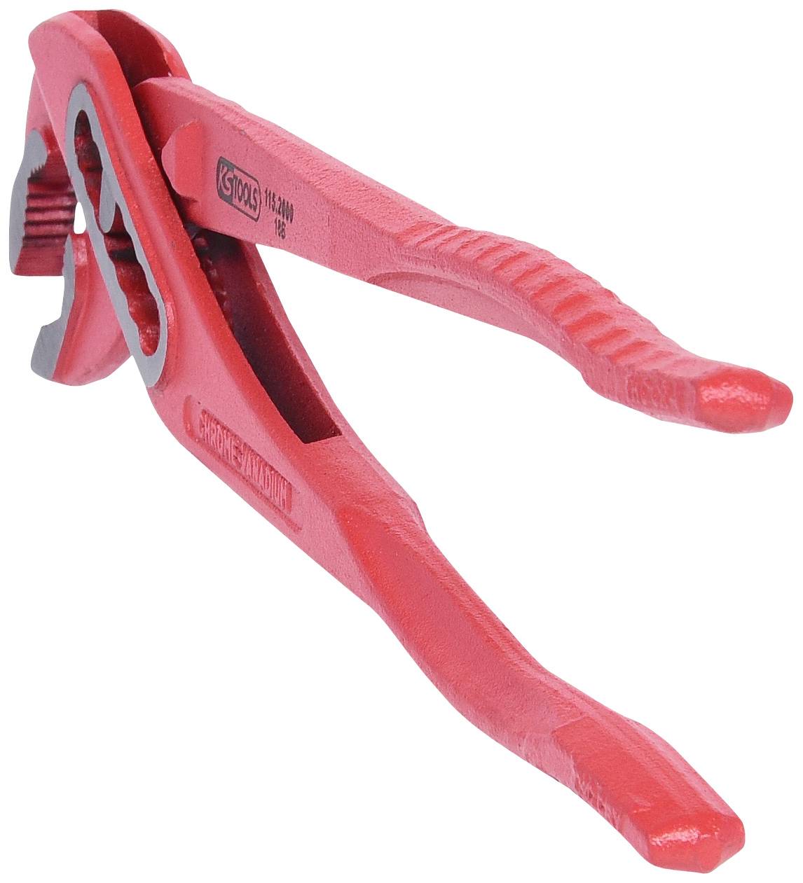 Rote Rohrzange, geöffnet, mit markantem geriffelten Griff und robustem Design, liegt auf weißem Hintergrund.