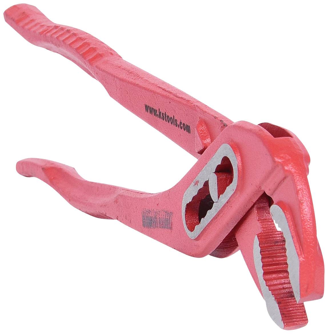 Rote Wasserpumpenzange mit grauen Greifbacken, geöffnet. Geeignet zum Greifen und Drehen von Rohren oder runden Objekten.