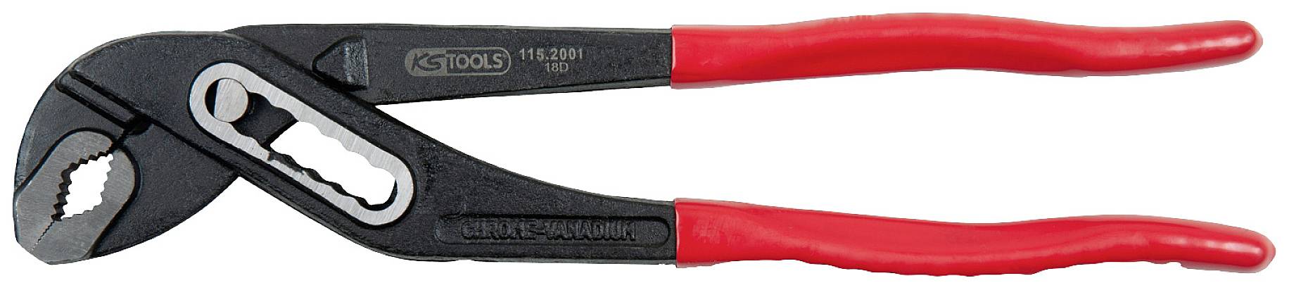 Eine Wasserpumpenzange mit roten Griffen und einem schwarzen Kopf, geeignet zum Greifen und Drehen von Rohren und anderen runden Objekten.