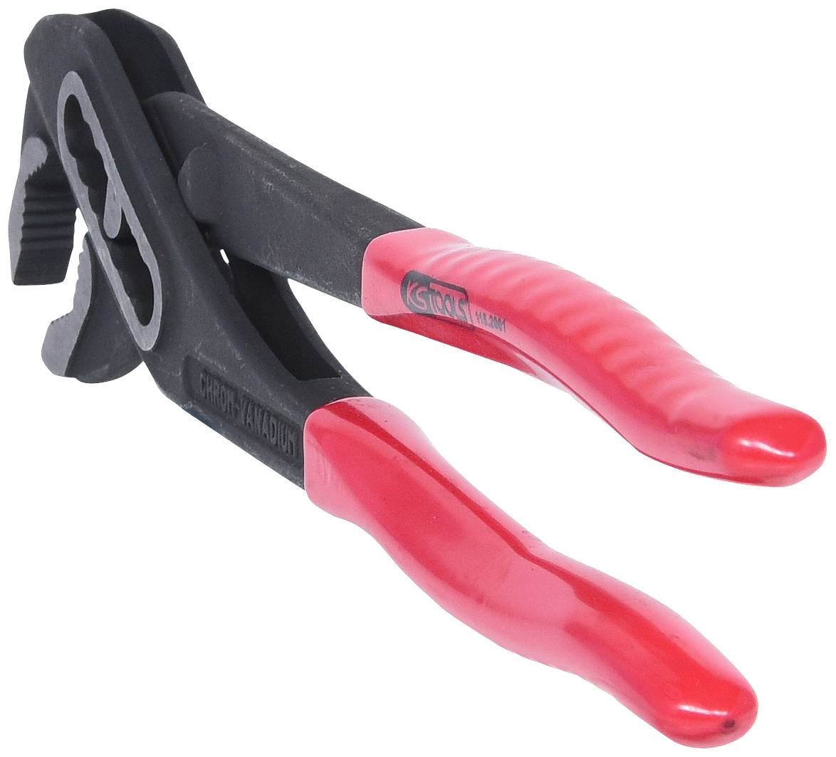 Eine Zange mit roten Kunststoffgriffen und einem schwarzen Kopf, geeignet zum Greifen und Halten von Objekten.
