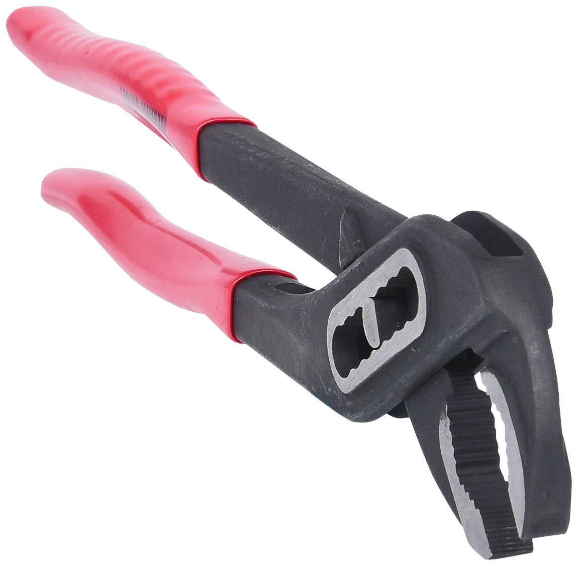 Eine schwarze Wasserpumpenzange mit roten Griffen, gezeigt in Nahaufnahme. Geeignet für Klempnerarbeiten und Mechanik.