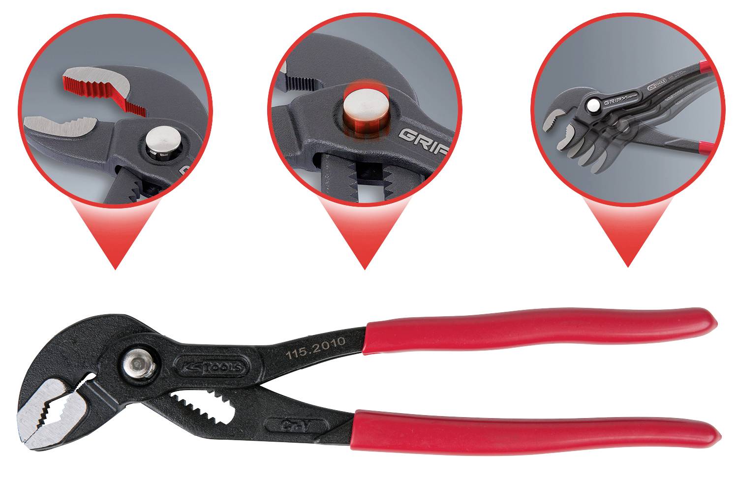 Eine rote Zange mit feststellbarem Mechanismus, dargestellt in drei Detailansichten: Greifzange, Verriegelungsknopf, Zähne der Zange.