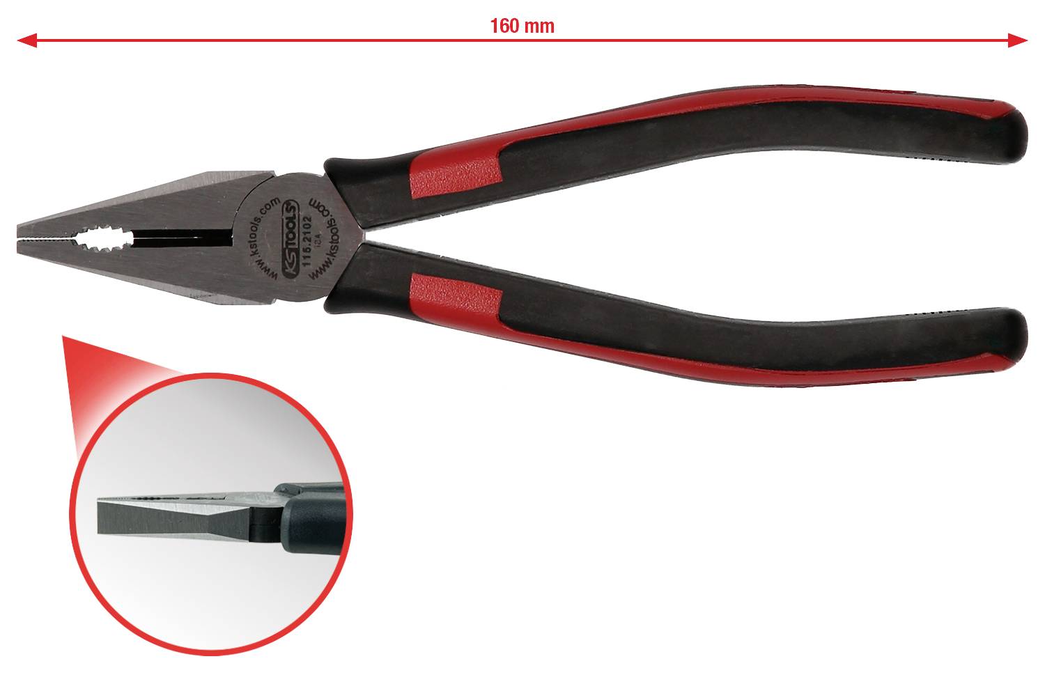 Kombizange, 160 mm, mit schwarz-roten Griffen. Nahaufnahme der Zangenspitze zeigt die Präzision der Schneiden.