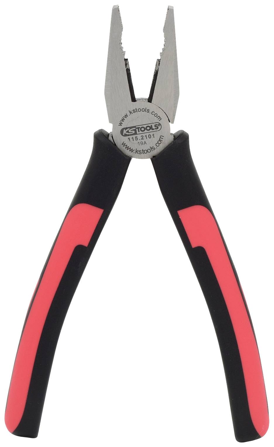 Eine rote und schwarze Kombizange mit Metallzangenbacken, geeignet zum Greifen und Schneiden verschiedenster Materialien.