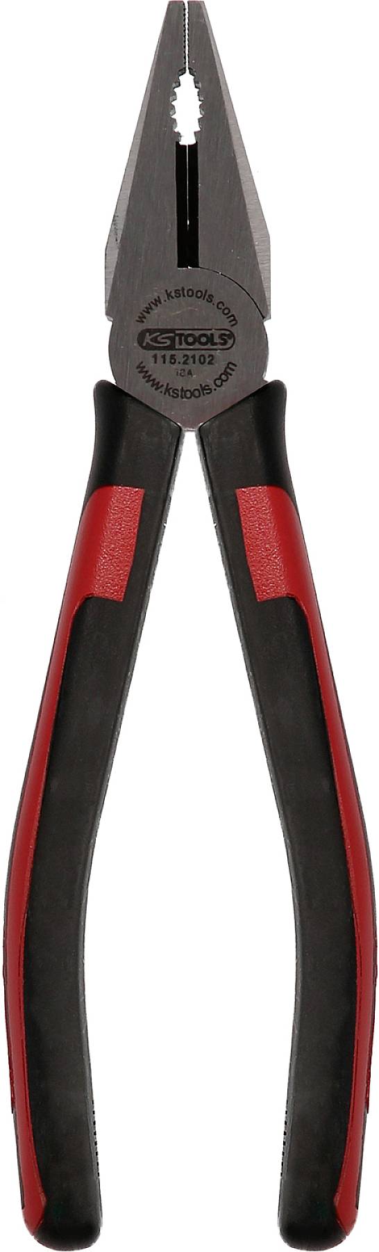 Eine rote und schwarze Kombizange, geeignet zum Greifen, Schneiden und Biegen von Drähten.