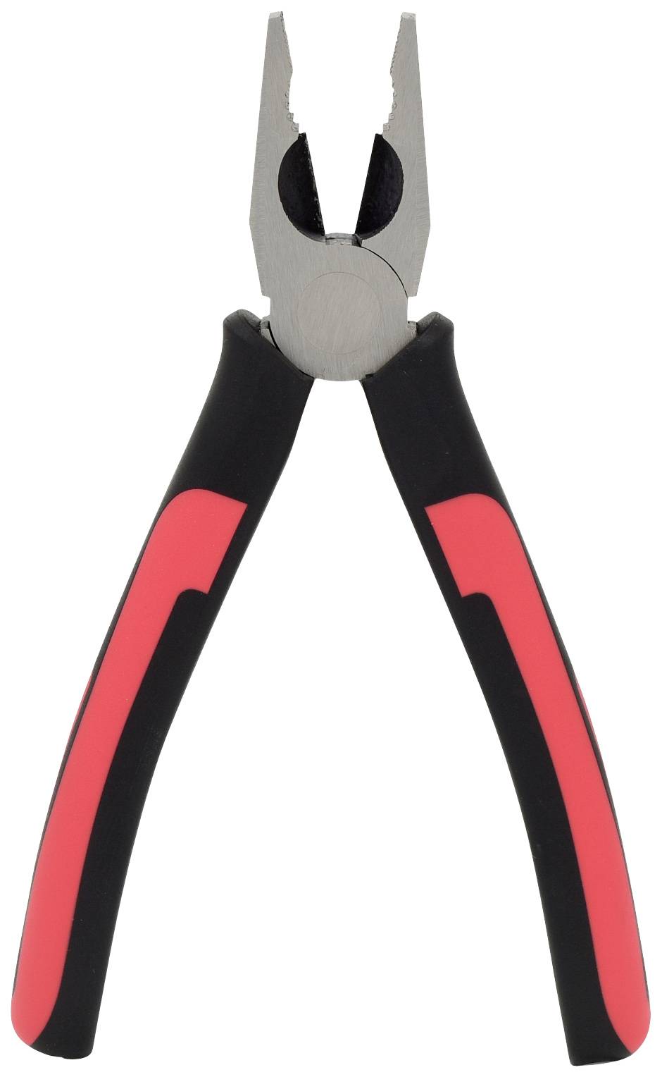 Eine Kombizange mit rotem und schwarzem Gummigriff, ideal zum Greifen, Biegen und Schneiden von Drähten.
