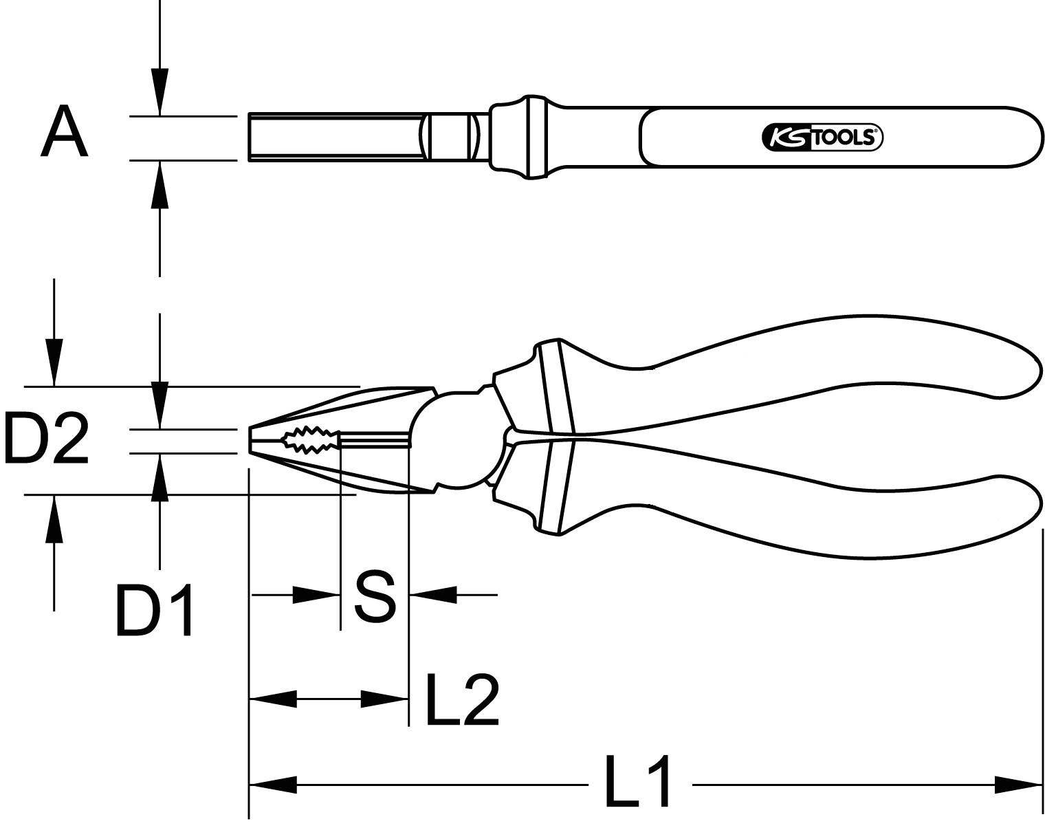 Diagramm zeigt eine Zange in Seiten- und Draufsicht von KS Tools. Maße A, D1, D2, L1, L2 und S sind angegeben.
