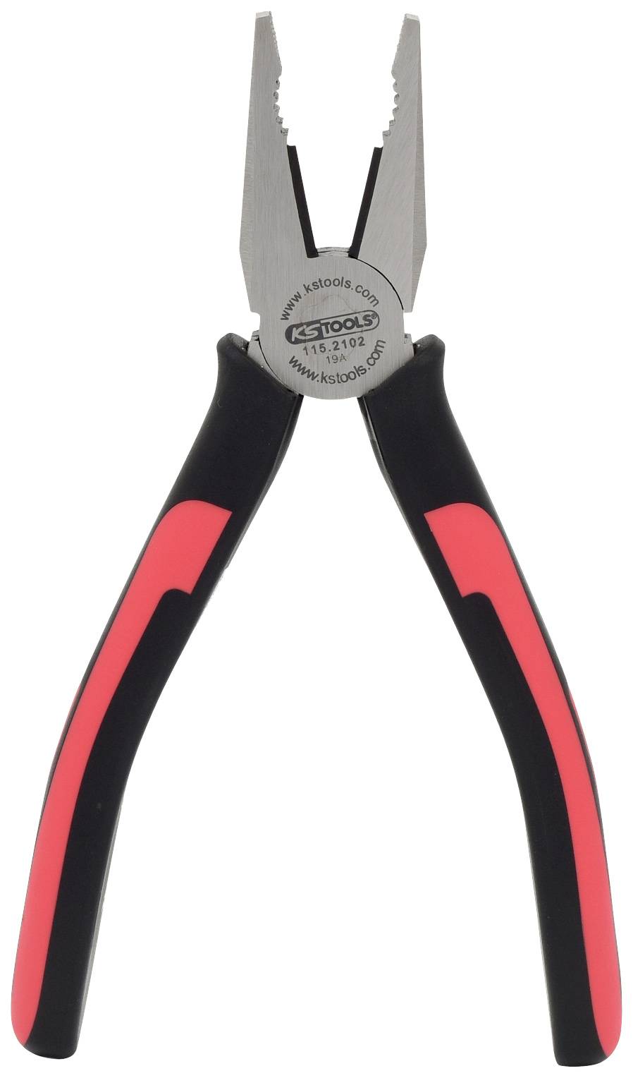 Eine rote und schwarze Kombizange mit Metallspitzen. Geeignet für vielseitige Greif- und Schneidarbeiten in handwerklichen Tätigkeiten.