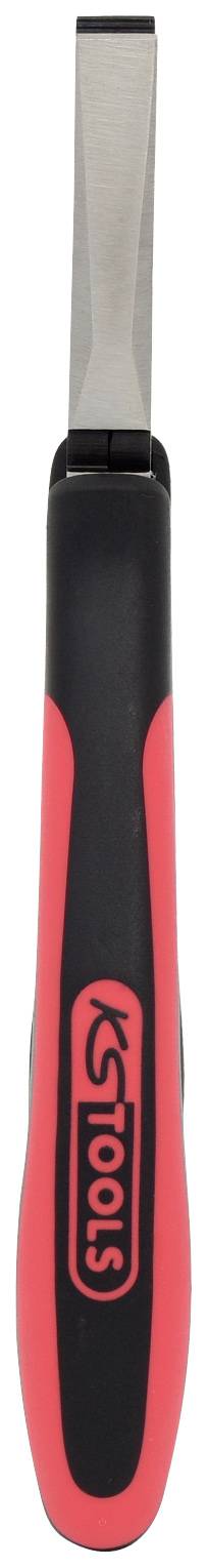 Ein rot-schwarzer Handmeißel mit ergonomischem Griff und Metallklinge, geeignet für Holzarbeiten.
