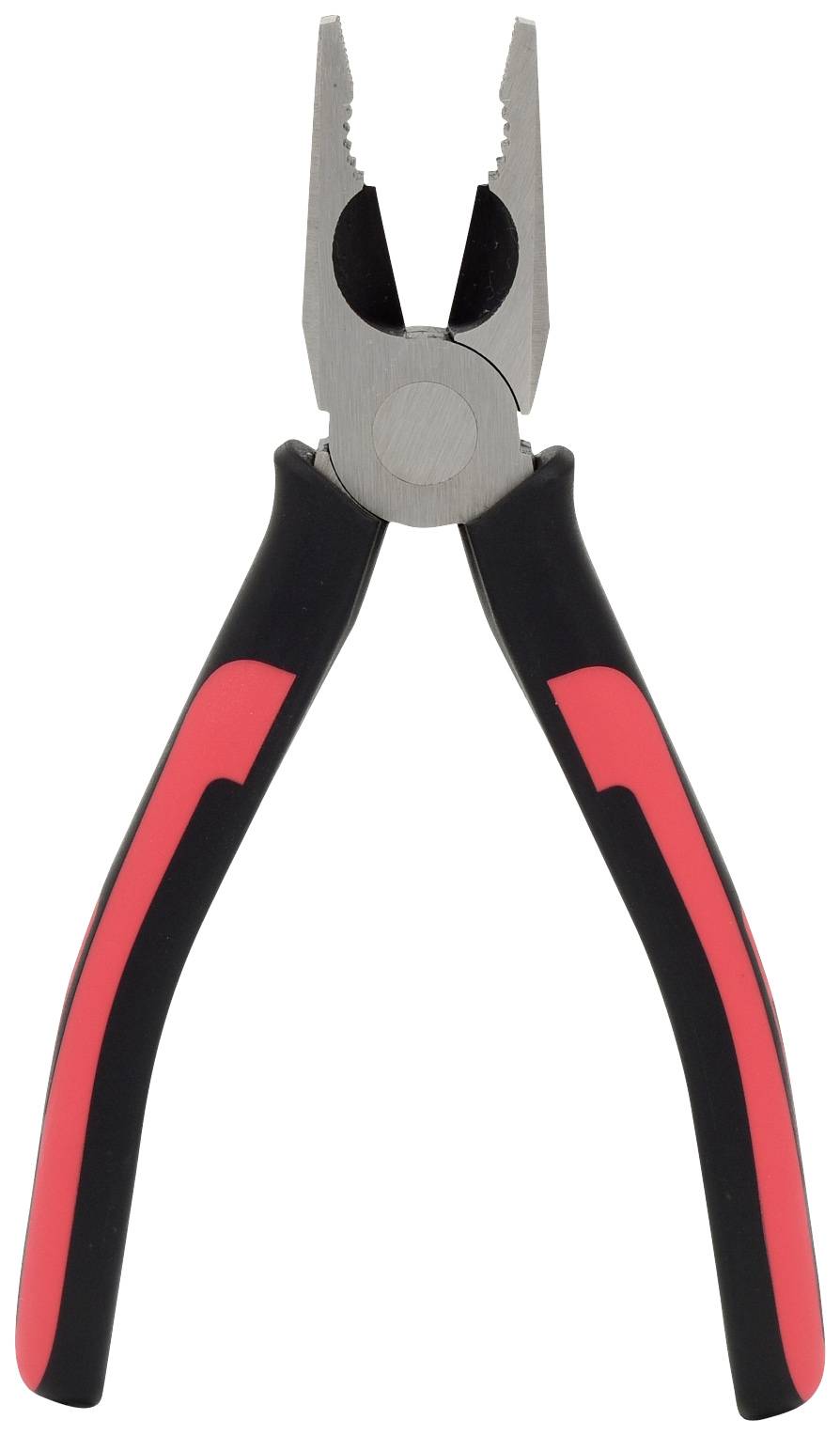 Rote und schwarze Kombizange in aufrechter Position. Geeignet zum Greifen, Schneiden und Biegen von Drähten und Kabeln.