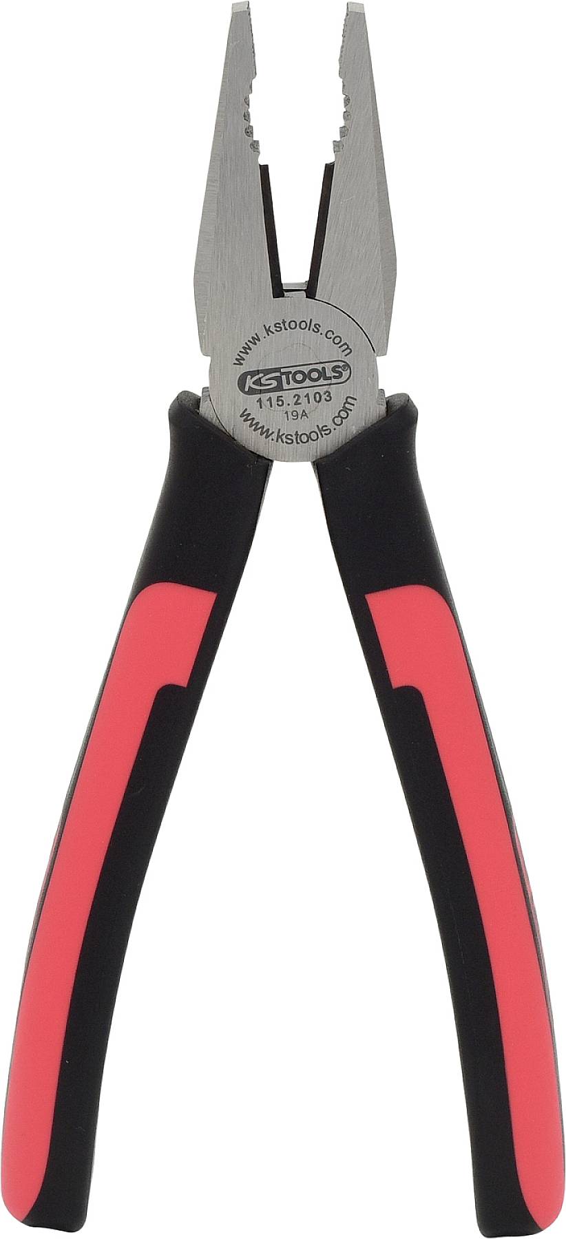 Rote Kombizange mit schwarzem Griff aus Kunststoff, geeignet für vielfältige Greif- und Schneidearbeiten.