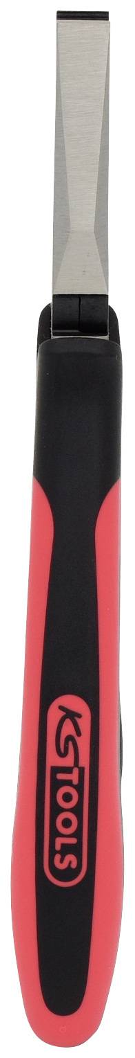 Das Bild zeigt ein rotes und schwarzes Werkzeug mit einem flachen Metallende, wahrscheinlich ein Meißel oder ähnliches Handwerkzeug.