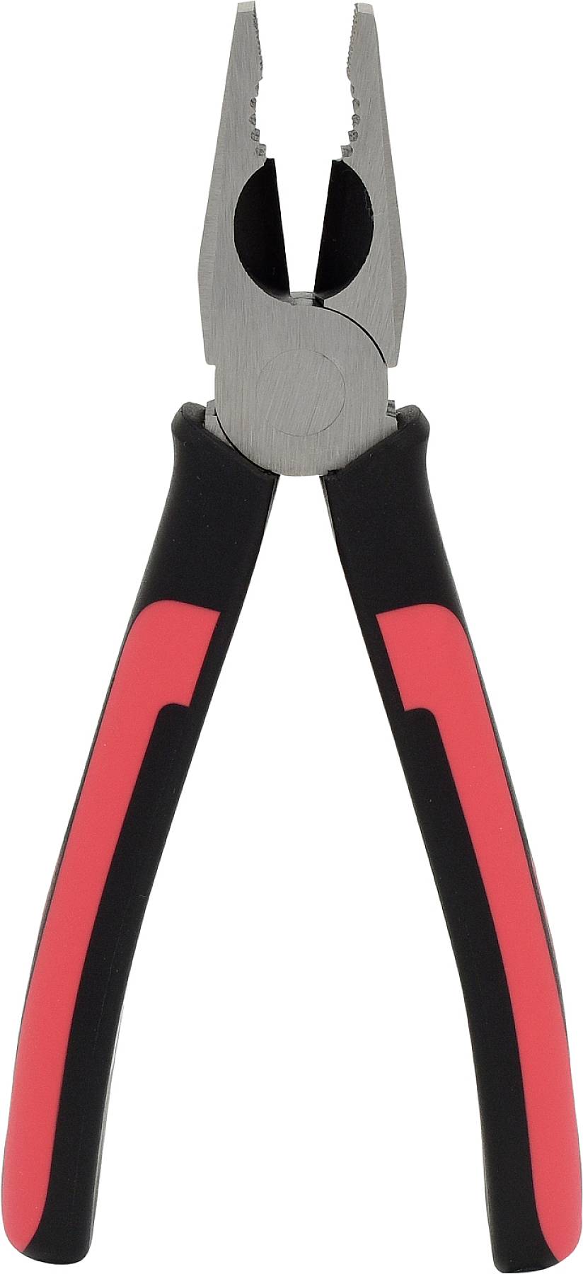 Eine rote und schwarze Kombizange mit rutschfestem Griff, die zum Greifen, Schneiden und Verbiegen von Drähten verwendet wird.