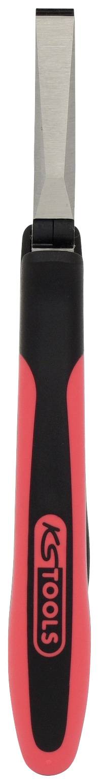 Ein rot-schwarzer Schraubendreher mit flacher Klinge und ergonomischem Griff. Markiert mit dem Logo 'GS'.