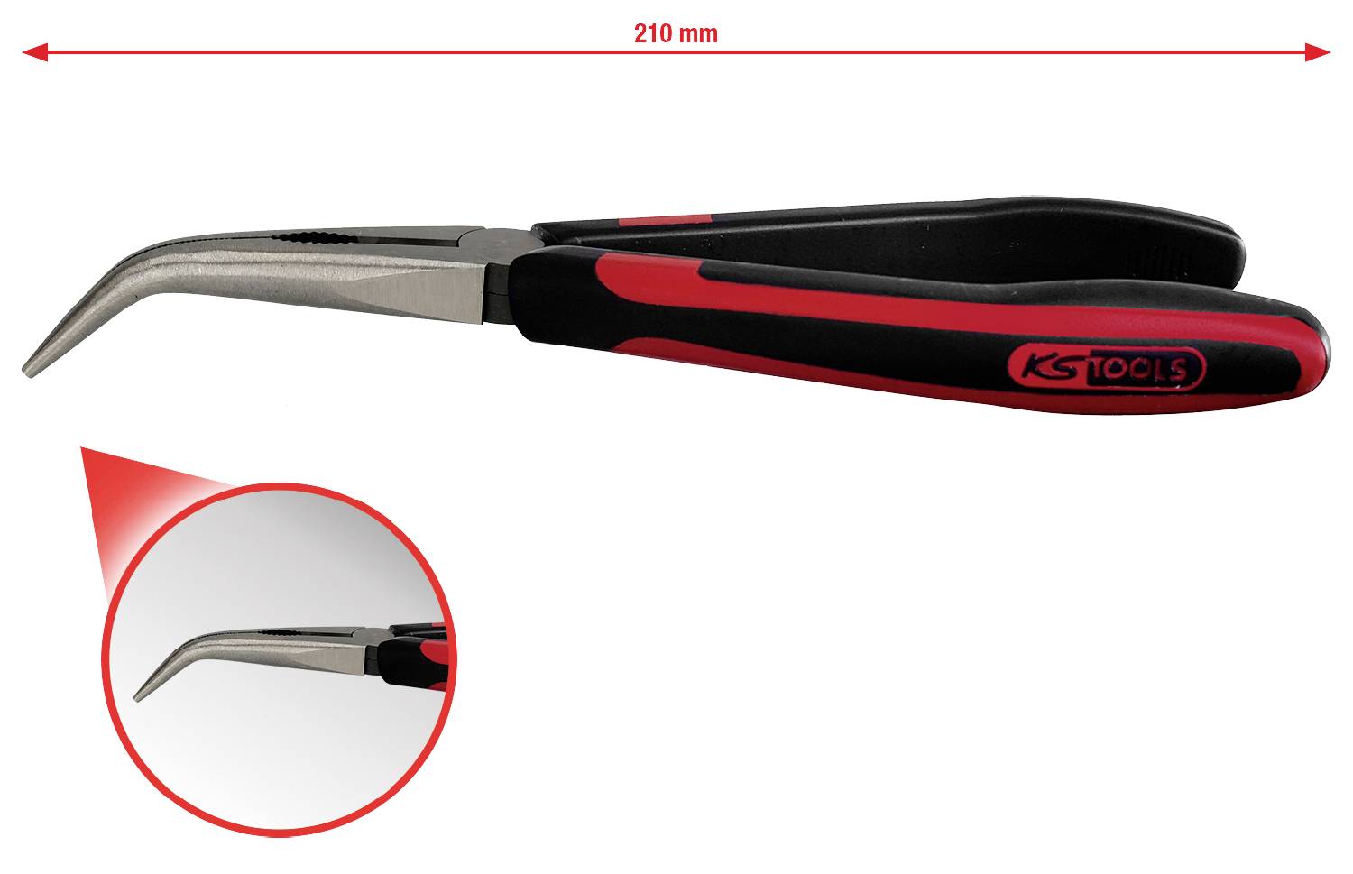 Eine gebogene Flachrundzange, 210 mm lang, mit rutschfestem Griff und vergrößerter Detailansicht der Spitze.