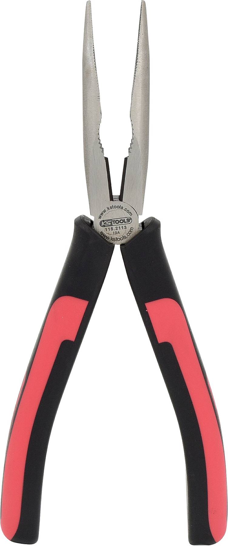 Eine spitze Spitzzange mit rotem und schwarzem Griff, geeignet für präzise Greifarbeiten und Handwerksprojekte.