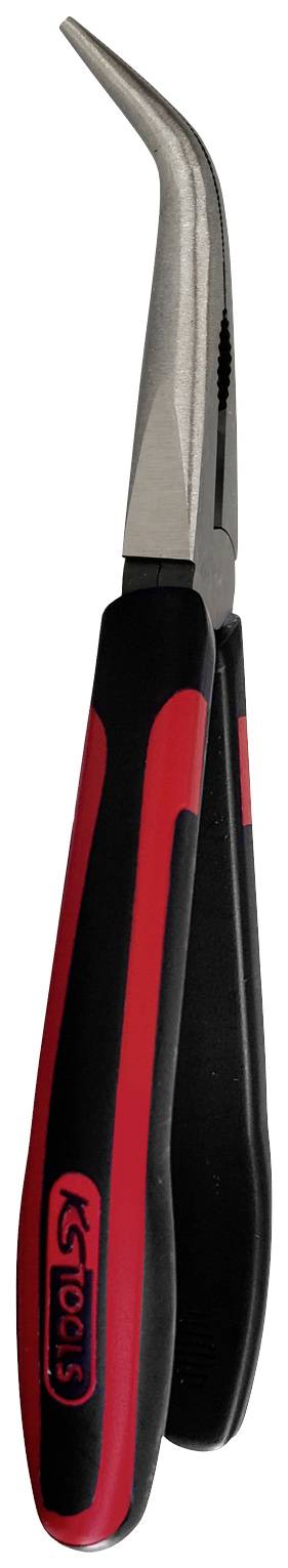 Abgewinkelte Spitzzange mit rot-schwarzem Griff. Ideal für präzises Arbeiten in schwer zugänglichen Bereichen.