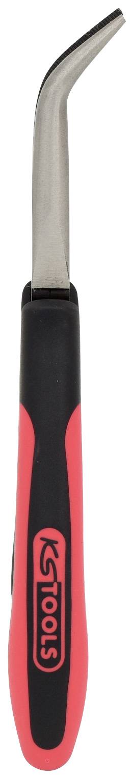 Ein roter und schwarzer Kunststoffgriff mit gebogener Metallspitze, häufig als Kratzwerkzeug oder Schaber verwendet.