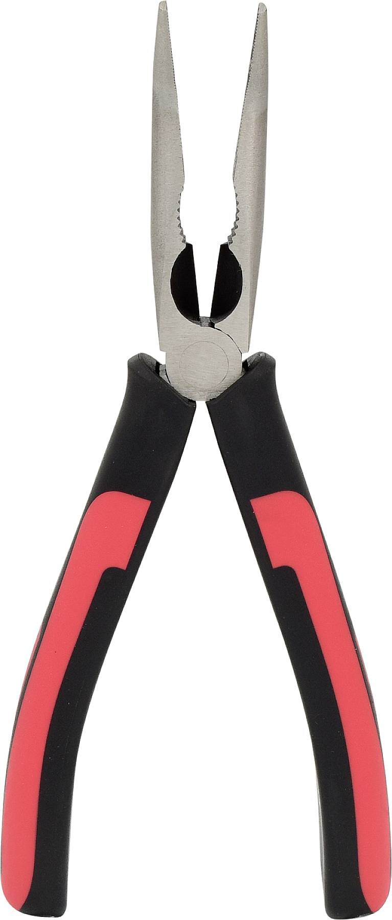 Eine Spitzzange mit schwarzem und rotem Griff, geöffnet.