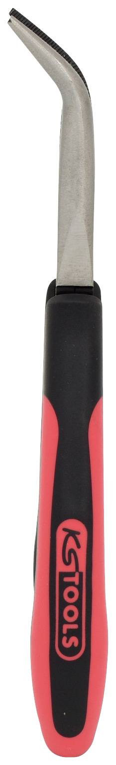 Handwerkzeug mit gebogener Klinge und rot-schwarzem Griff, geeignet für präzise Arbeiten oder Detailbearbeitung.