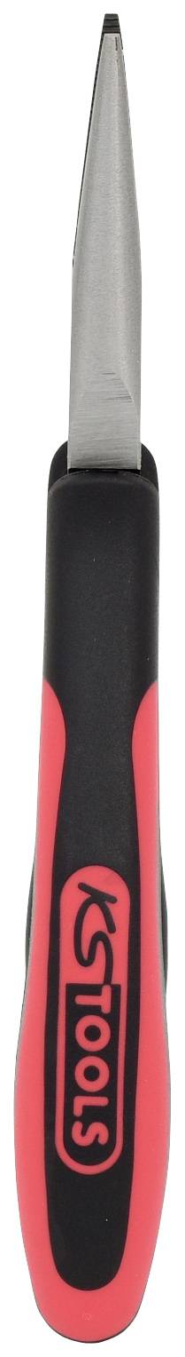 Ein roter und schwarzer Schraubendreher mit schmaler Spitze, ideal für präzise Arbeiten. Enthält Logo von 'Tools'.