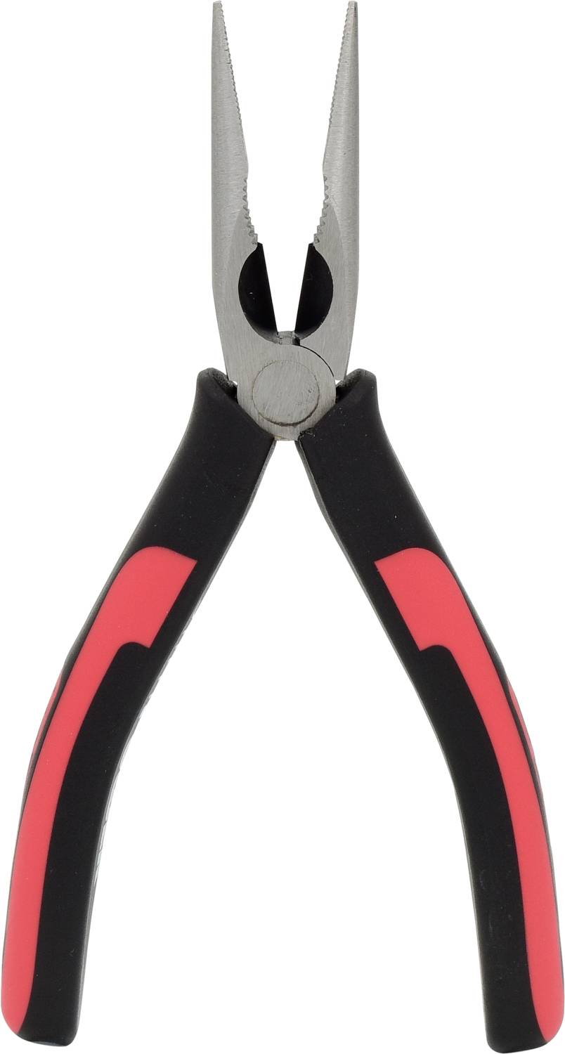 Flachzange mit schwarzen und roten Griffen, geeignet für präzises Greifen und Schneiden kleiner Objekte.