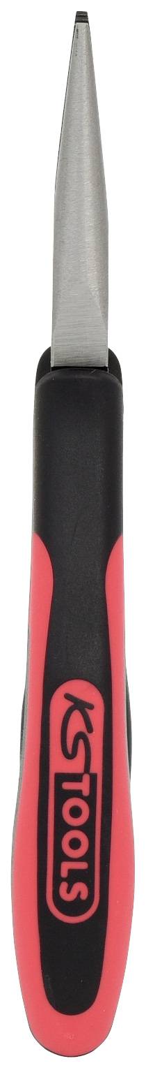 Ein Schraubendreher mit rotem und schwarzem Griff, der eine flache, schmale Klinge hat. Auf dem Griff steht das Logo 'TOOLS'.