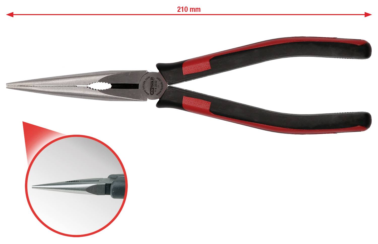 Längliche Spitzzange mit schwarzem und rotem Griff, Länge 210 mm. Vergrößerte Ansicht der Präzisionsspitzen in einem Kreis.