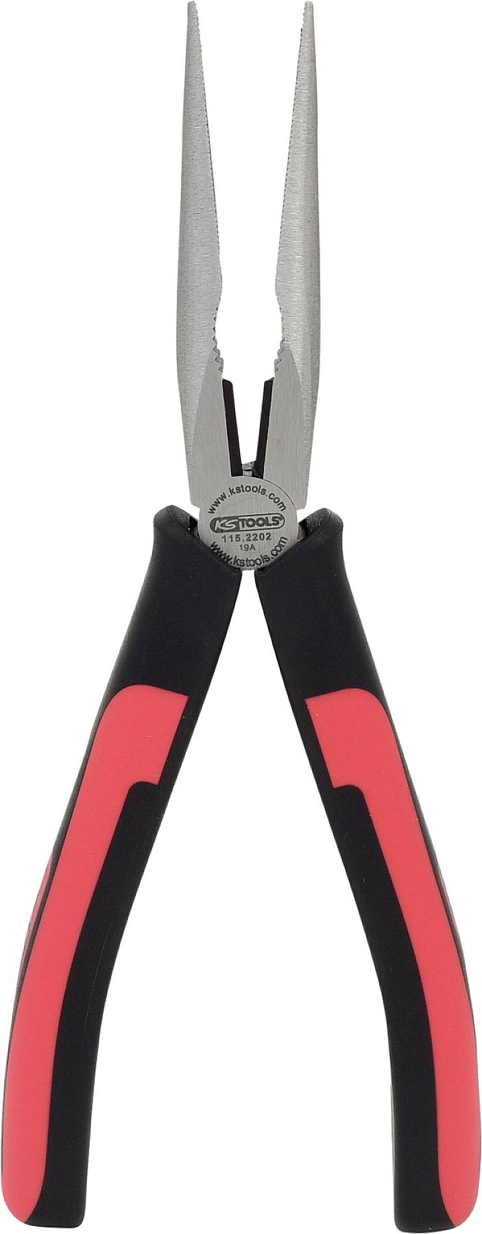 Eine schwarz-rote Spitzzange mit langen, schmalen Backen, geeignet für präzise Greif- und Schneidarbeiten in handwerklichen Anwendungen.