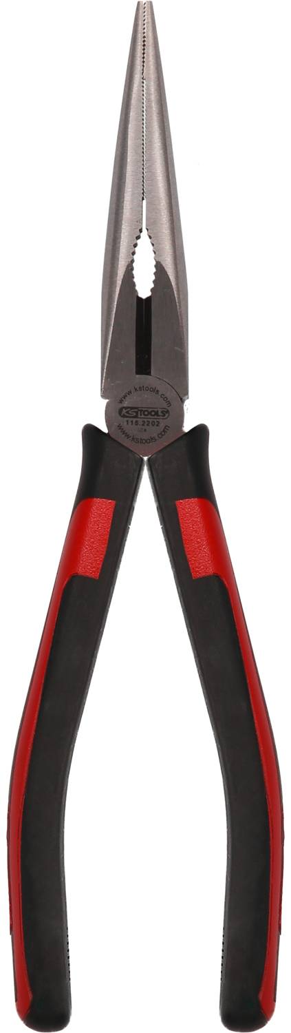 Eine Spitzzange mit schwarzen Griffen und roten Akzenten, geeignet für präzise Arbeiten in Elektrik und Mechanik.