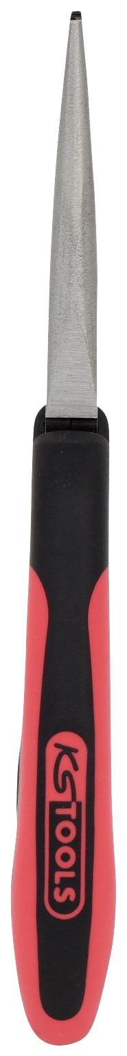 Ein rotes und schwarzes Handwerkzeug mit einer spitzen, metallischen Klinge und einem gummierten Griff, geeignet zum Schneiden.