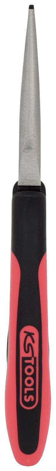 Langzange mit rotem und schwarzem Griff, spitz zulaufendem Kopf, geeignet für präzises Greifen bei Reparaturen oder Bastelarbeiten.