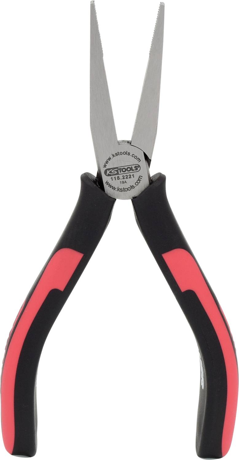 Eine rote und schwarze Spitzzange mit Metallspitzen, geeignet für präzise Arbeiten in Handwerk und Elektrik.