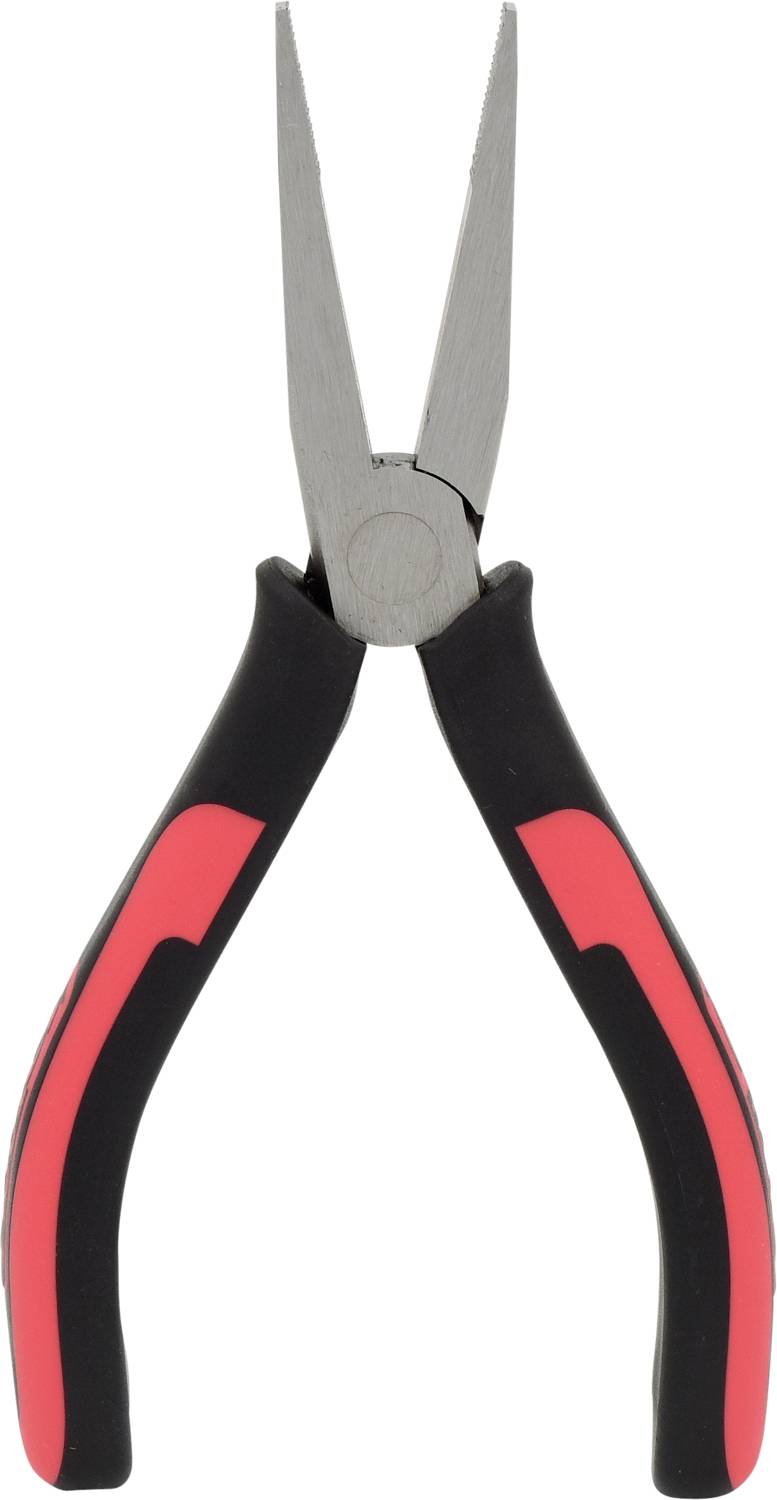 Rote und schwarze Spitzzange auf weißem Hintergrund, geeignet für präzise Arbeiten in Elektronik oder Mechanik.