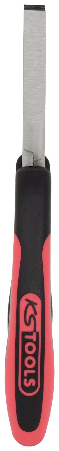 Ein roter und schwarzer Schraubendreher mit flachem Metallkopf, geeignet für Arbeiten an elektronischen Geräten.