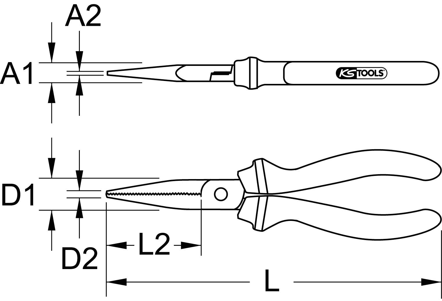 Technische Zeichnung einer Zange mit verschiedenen Maßangaben: A1, A2, D1, D2, L, L2. KS Tools Logo auf dem Griff.