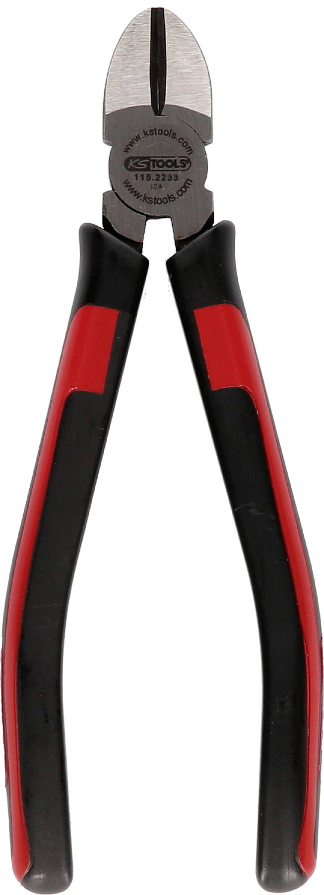 Rote und schwarze Seitenschneiderzange mit metallischen Schneidblättern, geeignet für das Durchtrennen von Drähten und Kabeln.