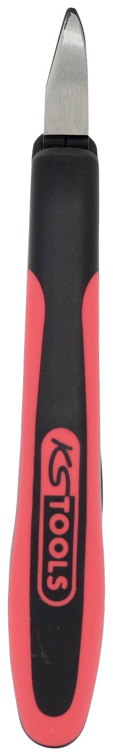 Ein rot-schwarzer ergonomischer Griff mit einer scharfen, kurzen Klinge, geeignet für präzise Schneidearbeiten in handwerklichen Projekten.