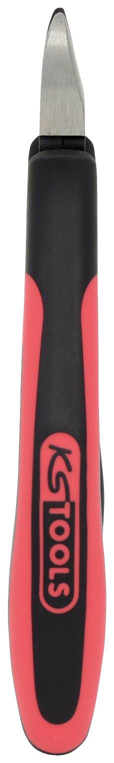 Ein handlicher, schwarz-roter Gemüseschäler mit einem ergonomisch geformten Griff und einer scharfen Metallklinge, ideal zum Schälen.
