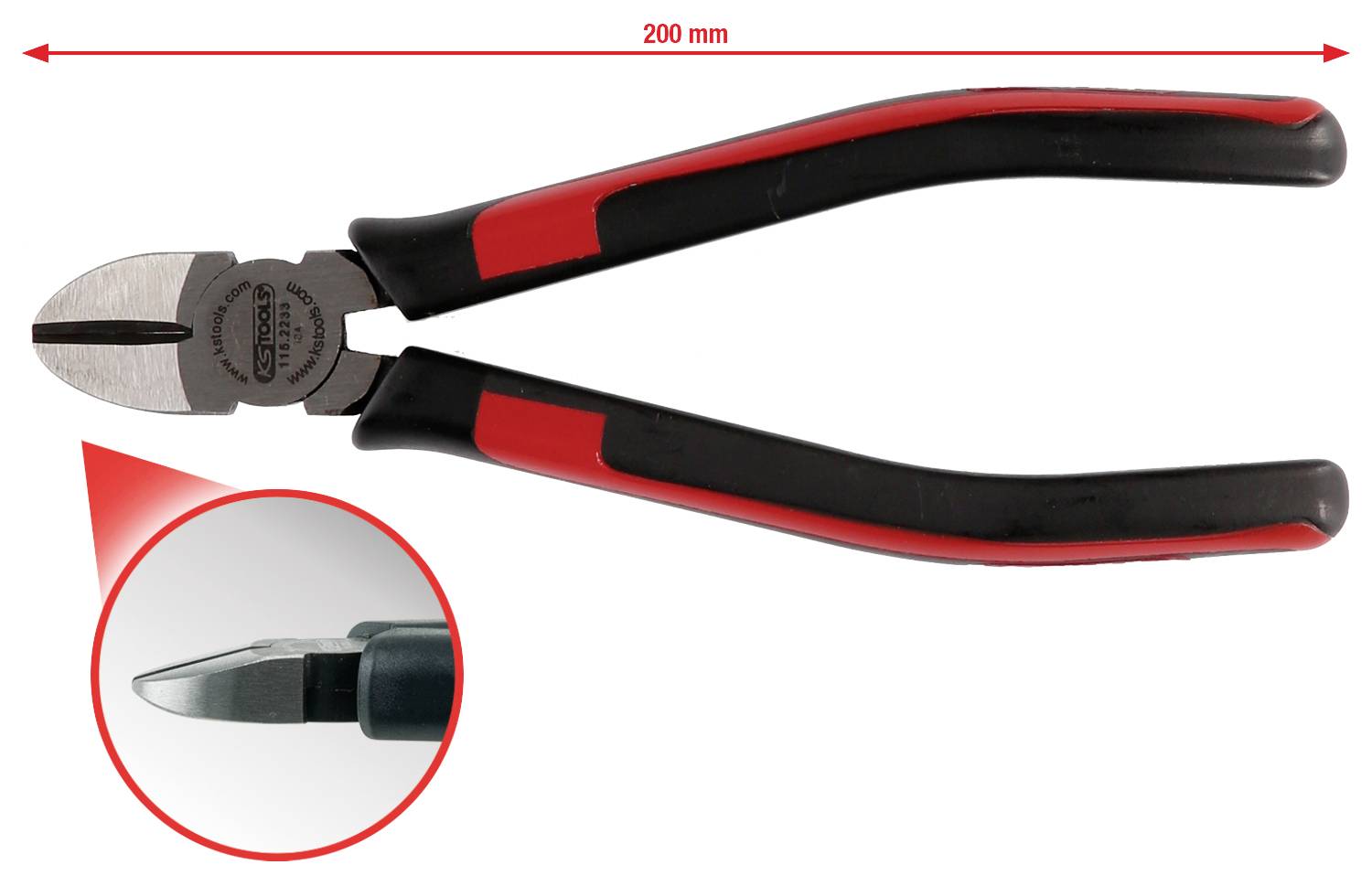 Seitenschneider mit roten und schwarzen Griffen, 200 mm lang. Nahaufnahme der Schneide zeigt Details der Klingen.