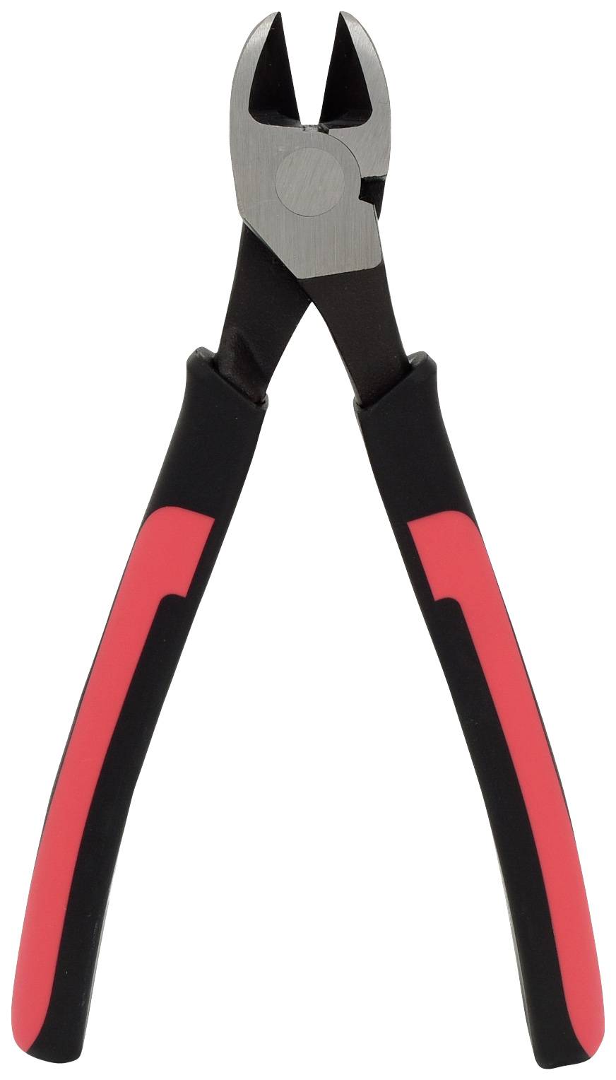Eine rote und schwarze Seitenschneiderzange, die aufrecht steht und für Schneidarbeiten in Handwerks- oder Elektrowerkzeugkästen verwendet wird.